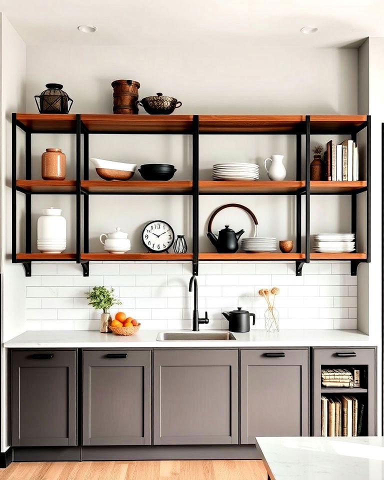 black and brown open shelving