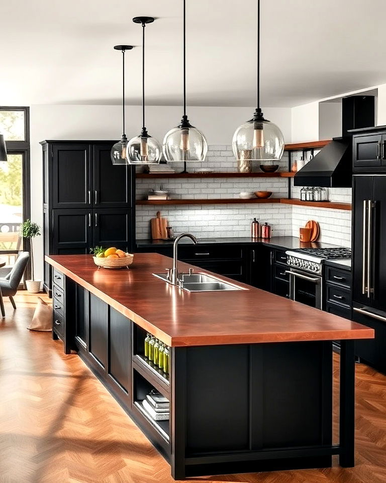 black and copper kitchen island