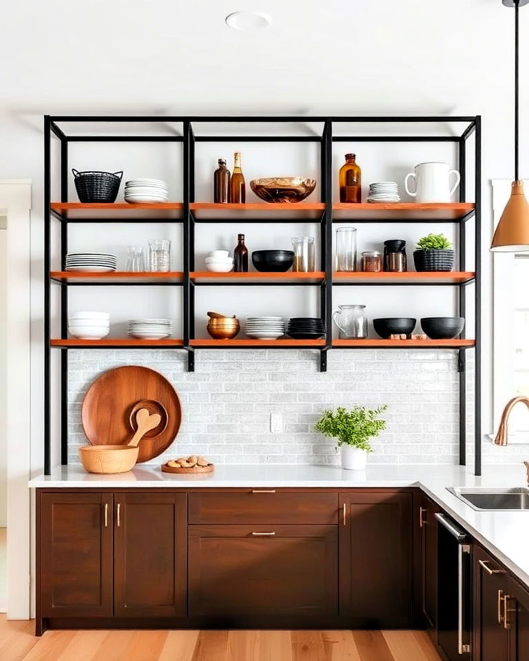 black and copper open frame shelving