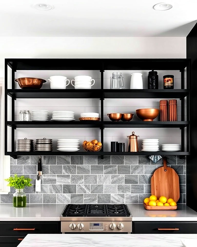 black and copper open shelving