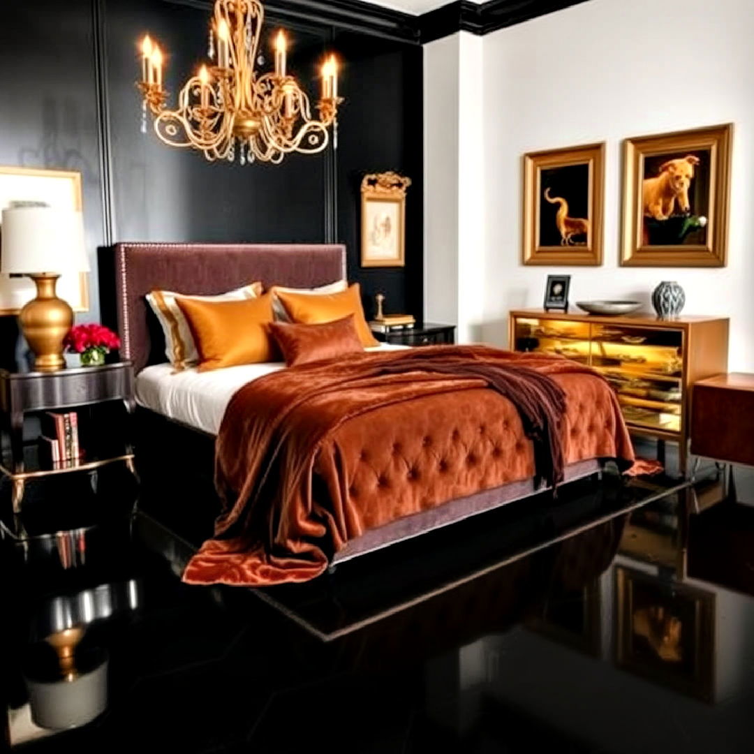 black and gold accented floor for bedroom