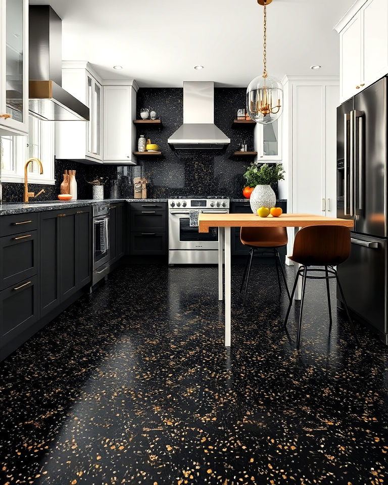 black and gold flecked terrazzo floors