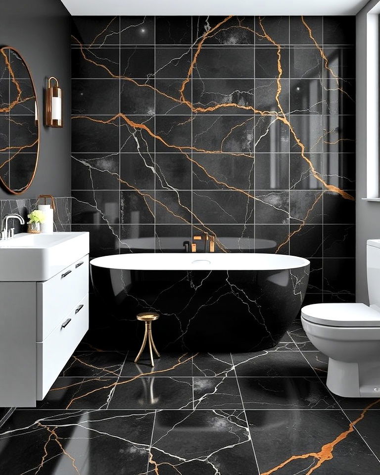 black and gold marble tiles for a luxurious bathroom