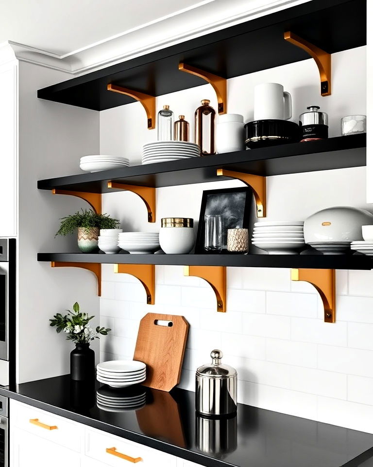 black and gold open shelving