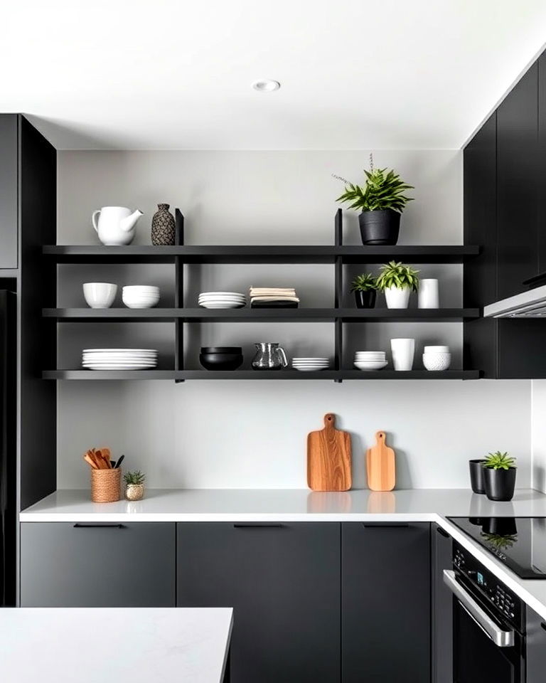 black and gray floating shelves for a minimalist design