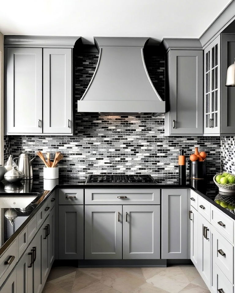 black and gray mosaic tile backsplash