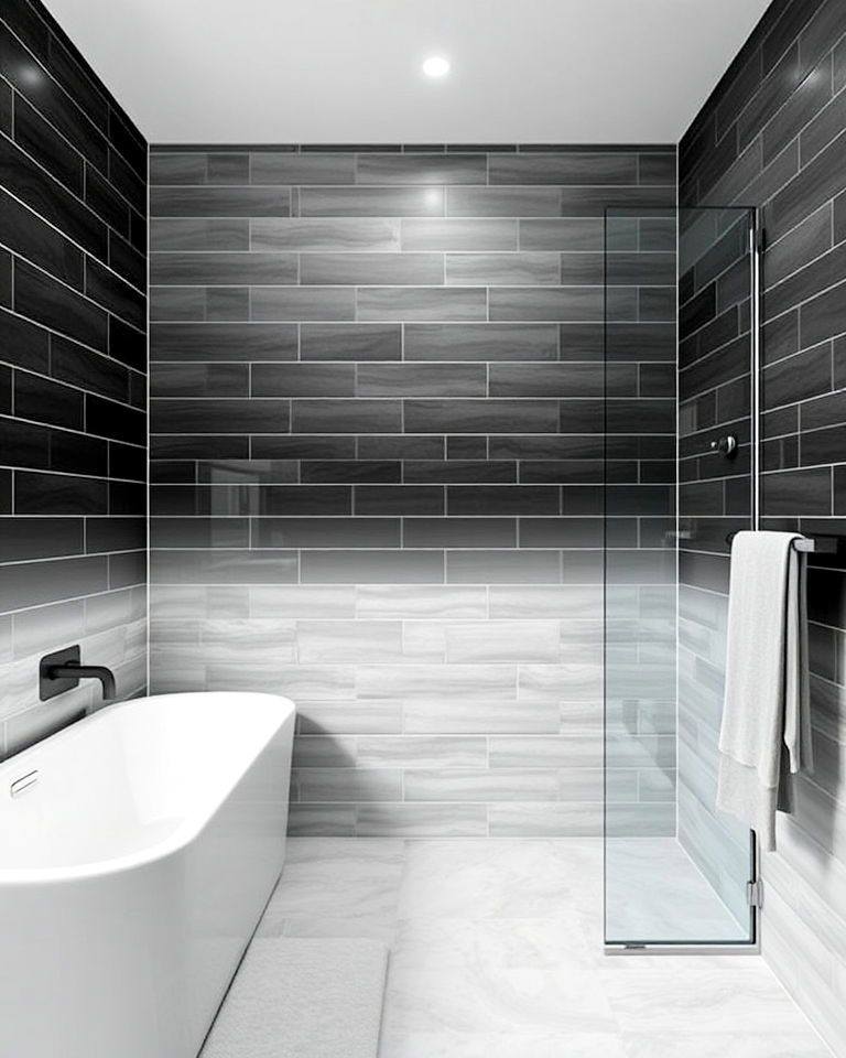 black and gray ombre tiles on bathroom walls