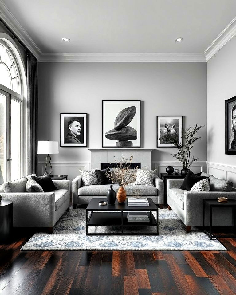 black and grey living room with dark wood floor