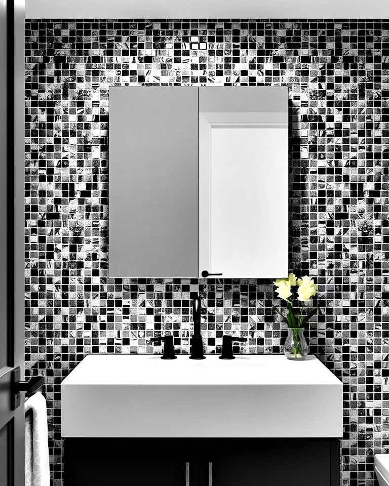 black and grey mosaic tile vanity backsplash