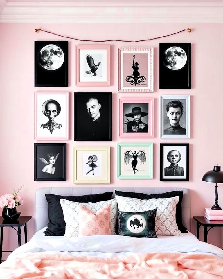 black and pastel gallery wall