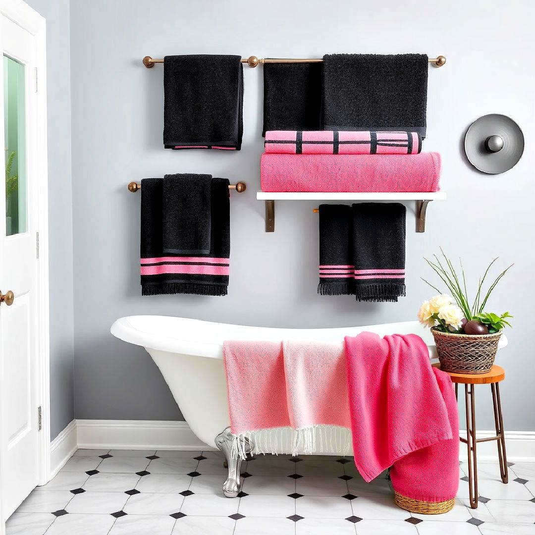 black and pink bathroom towel set