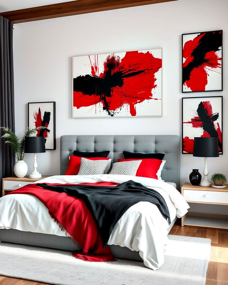 black and red abstract art with white bedroom walls