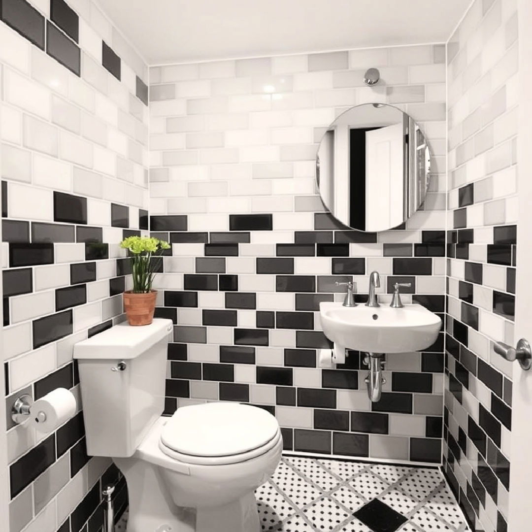 black and white alternating grout color bathroom tile idea