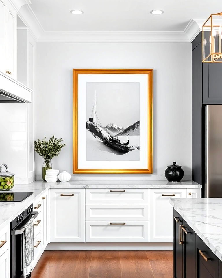 black and white artwork with gold frames