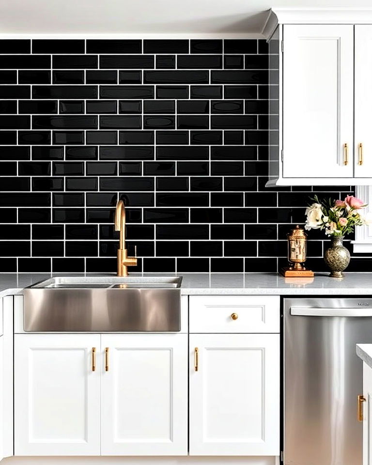 black and white backsplash with gold accents