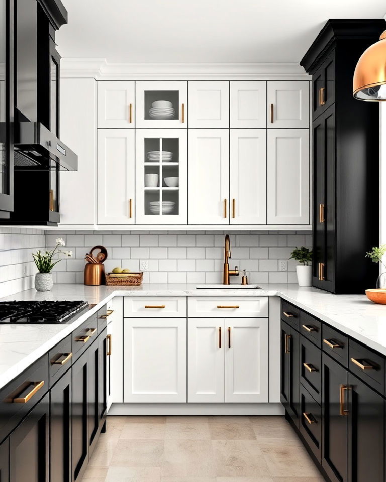 black and white cabinets with gold handles