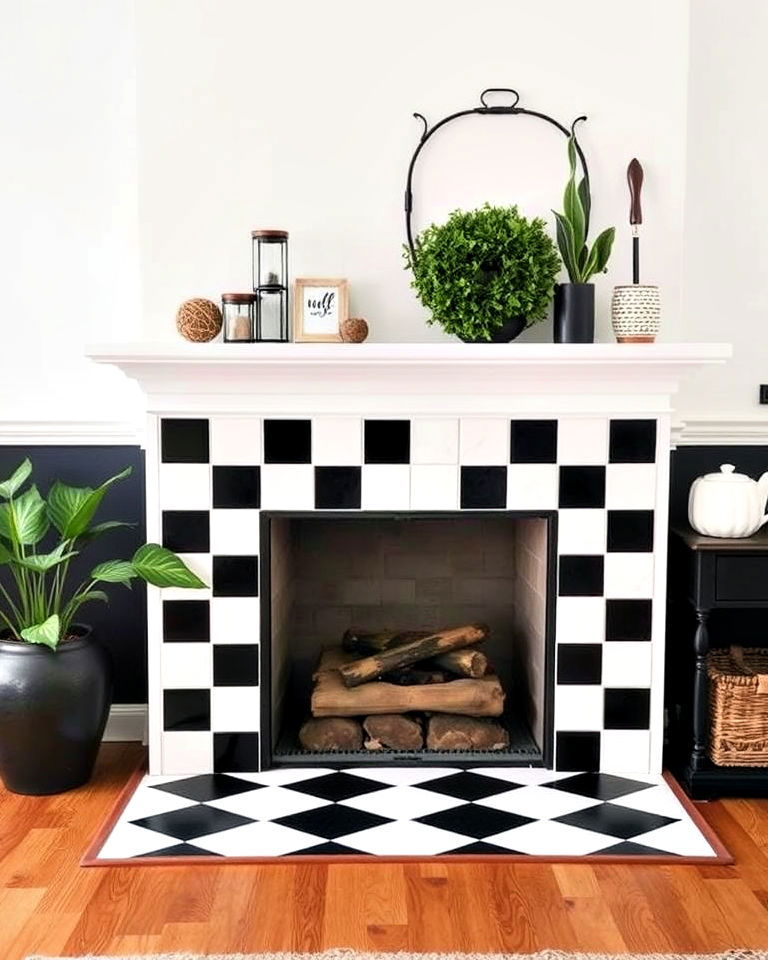 black and white checkered tile fireplace