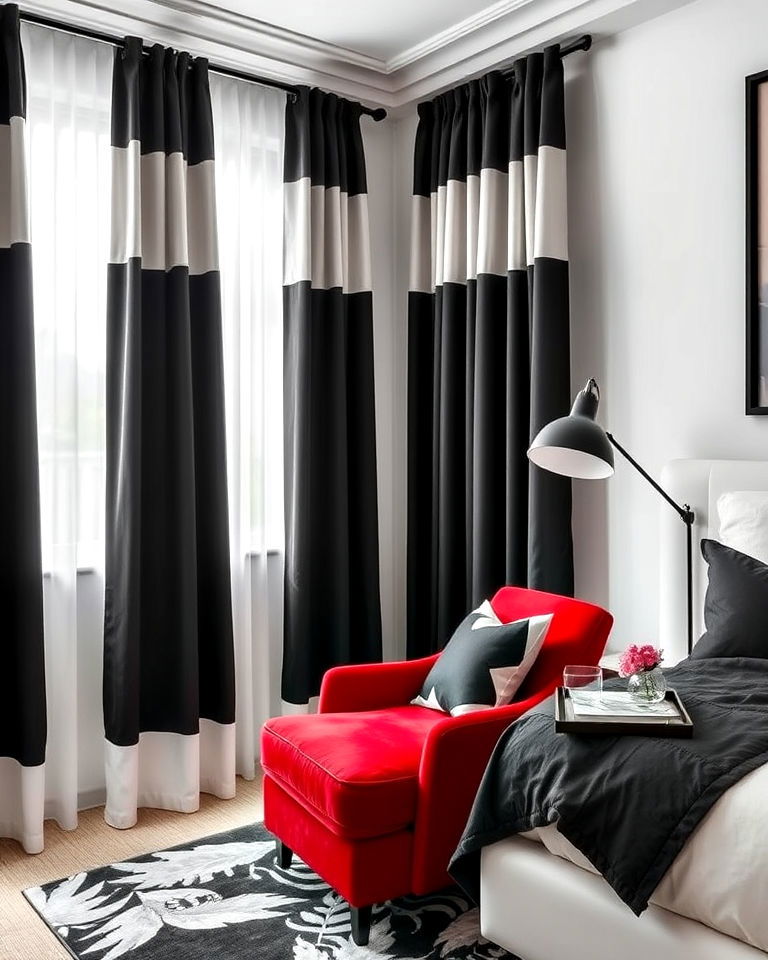 black and white curtains with bedroom chair