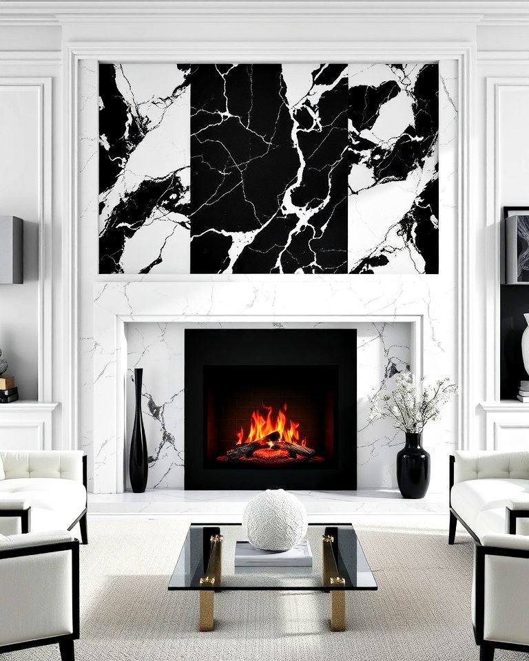 black and white fireplace with a marble surround