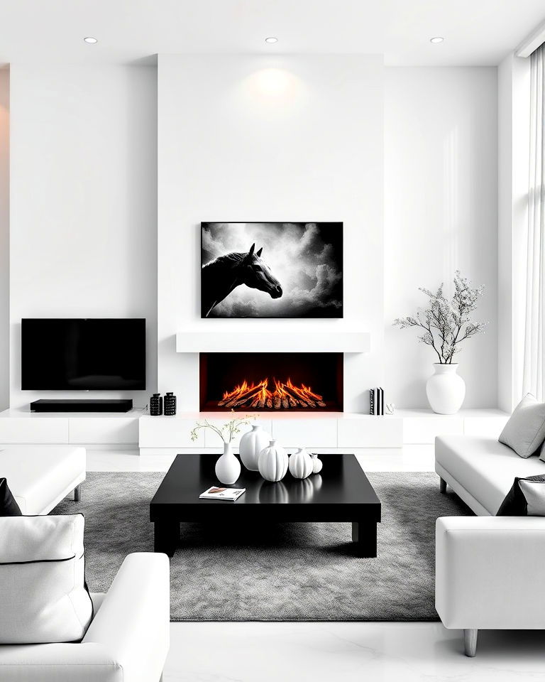 black and white fireplace with glossy white mantel