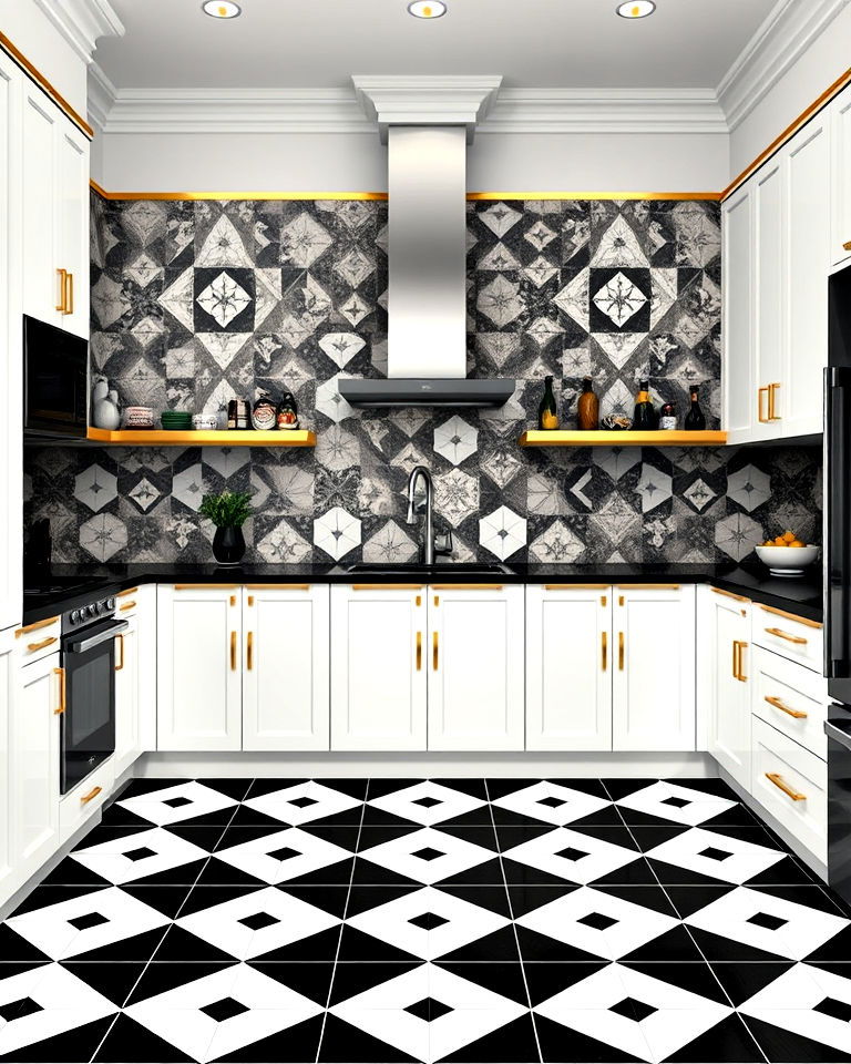 black and white floor tiles with gold trim