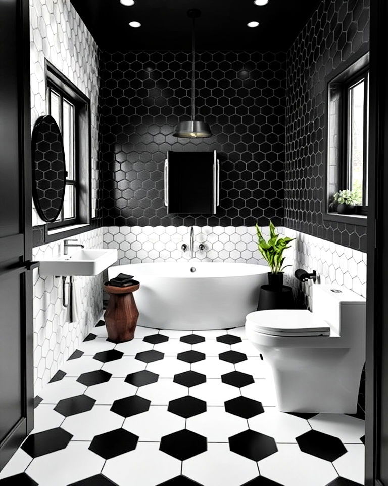 black and white geometric pattern tiles floor