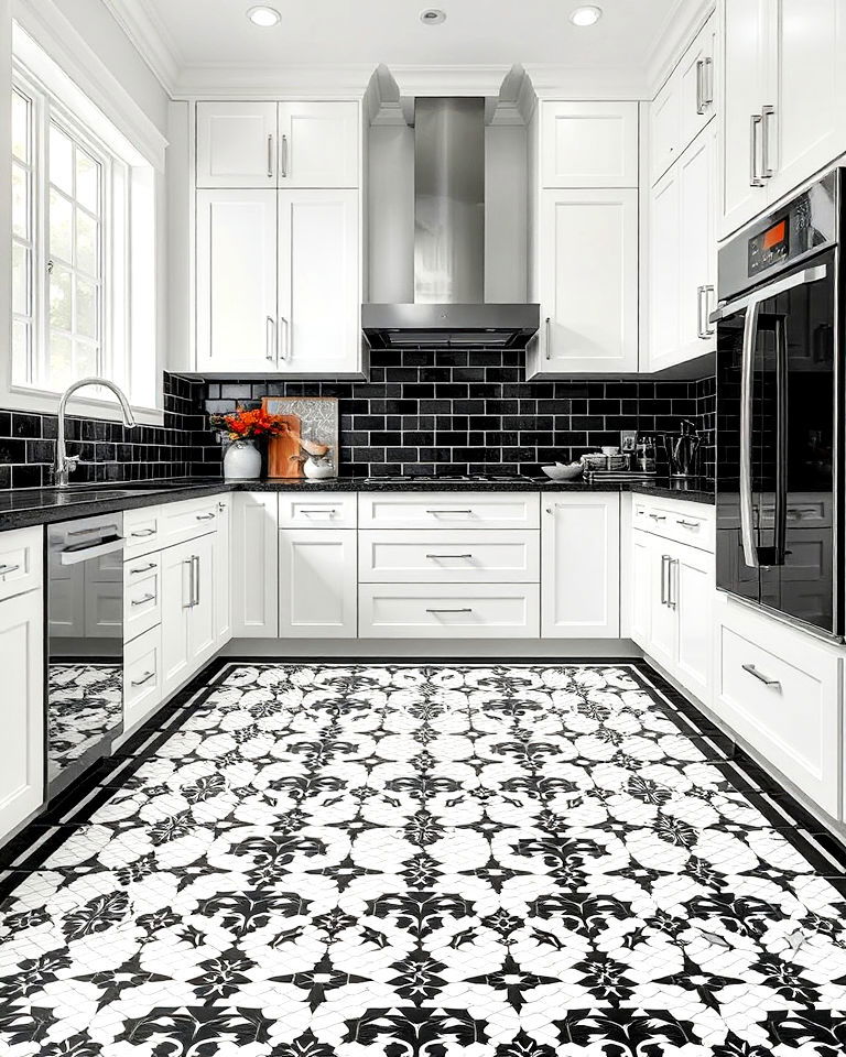 black and white mosaic tile floors