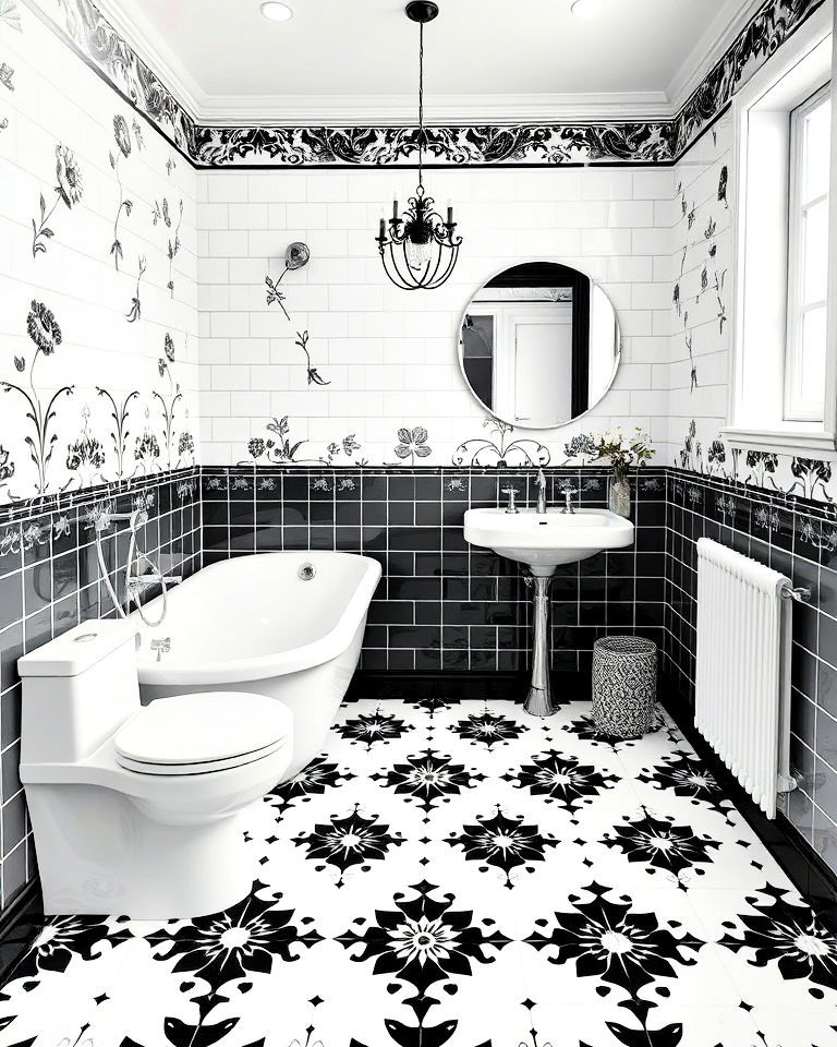 black and white tiles featuring floral motifs