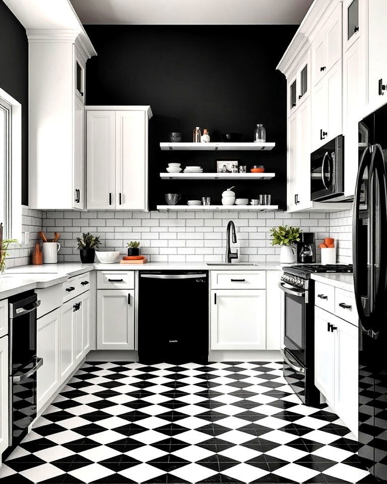 black appliances with bold flooring for kitchen