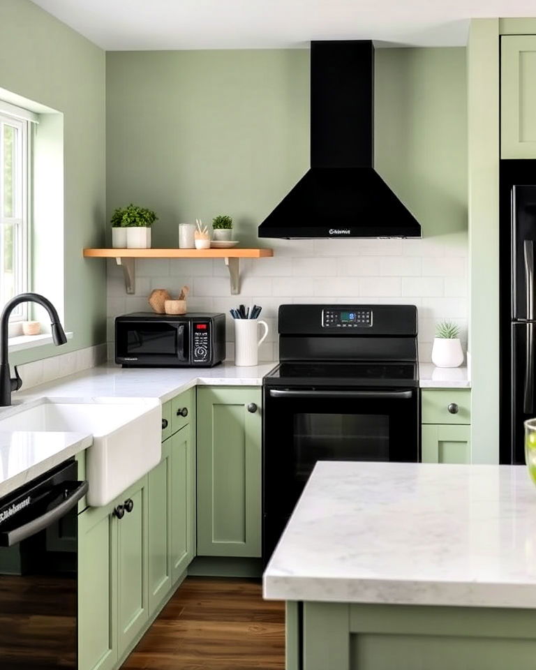 black appliances with sage green walls for kitchen