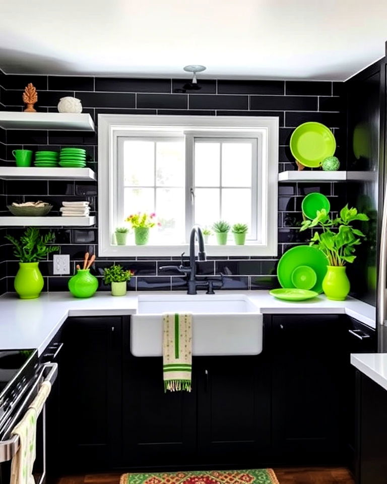 black backsplash kitchen with green accents