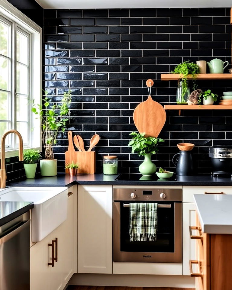 black backsplash with sage green accents for kitchen