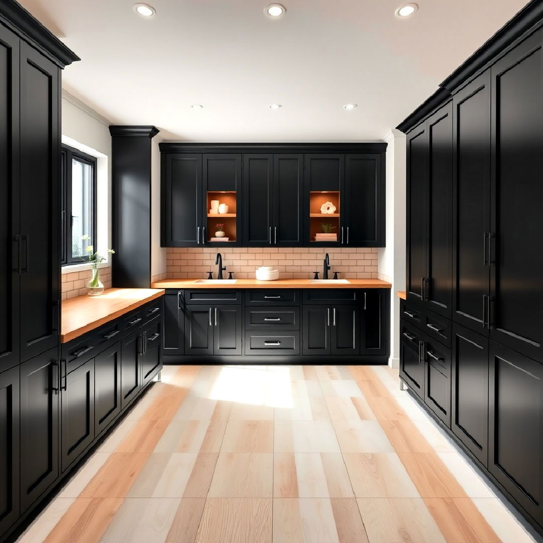 black bathroom cabinets with wooden countertop