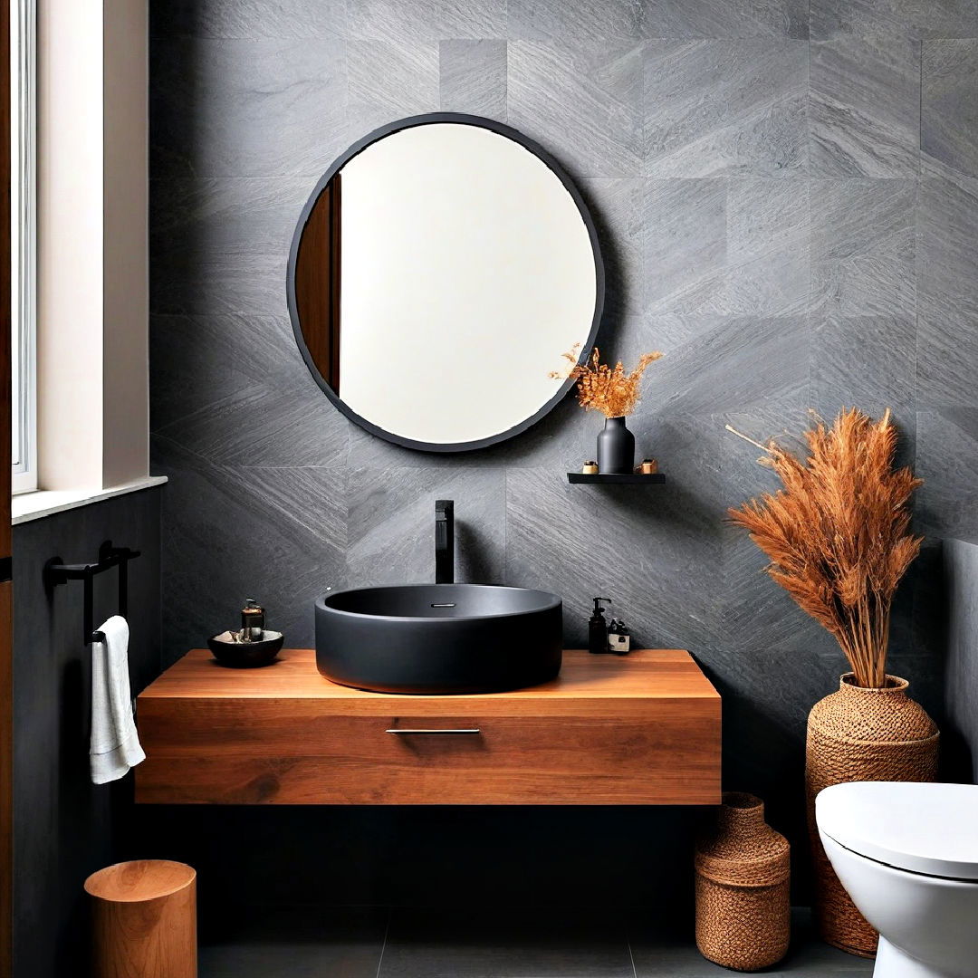 black bathroom fixtures with wooden accent