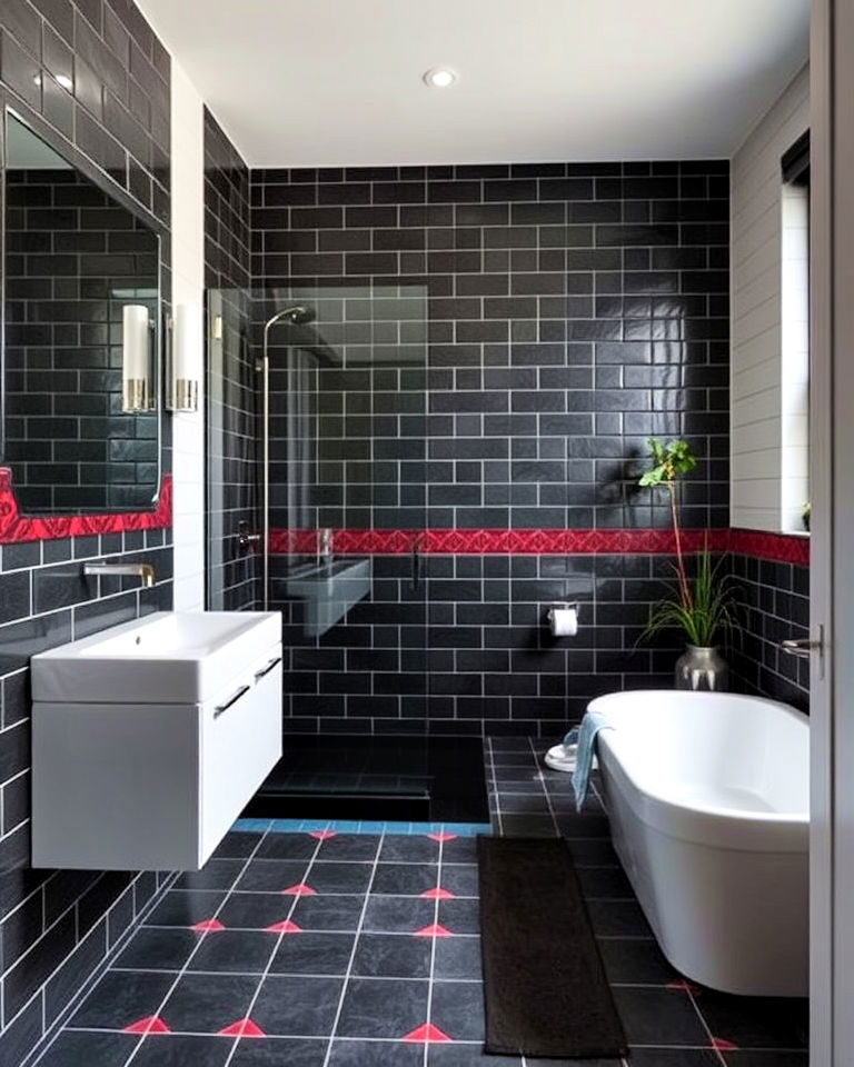 black bathroom tiled walls with red colored border