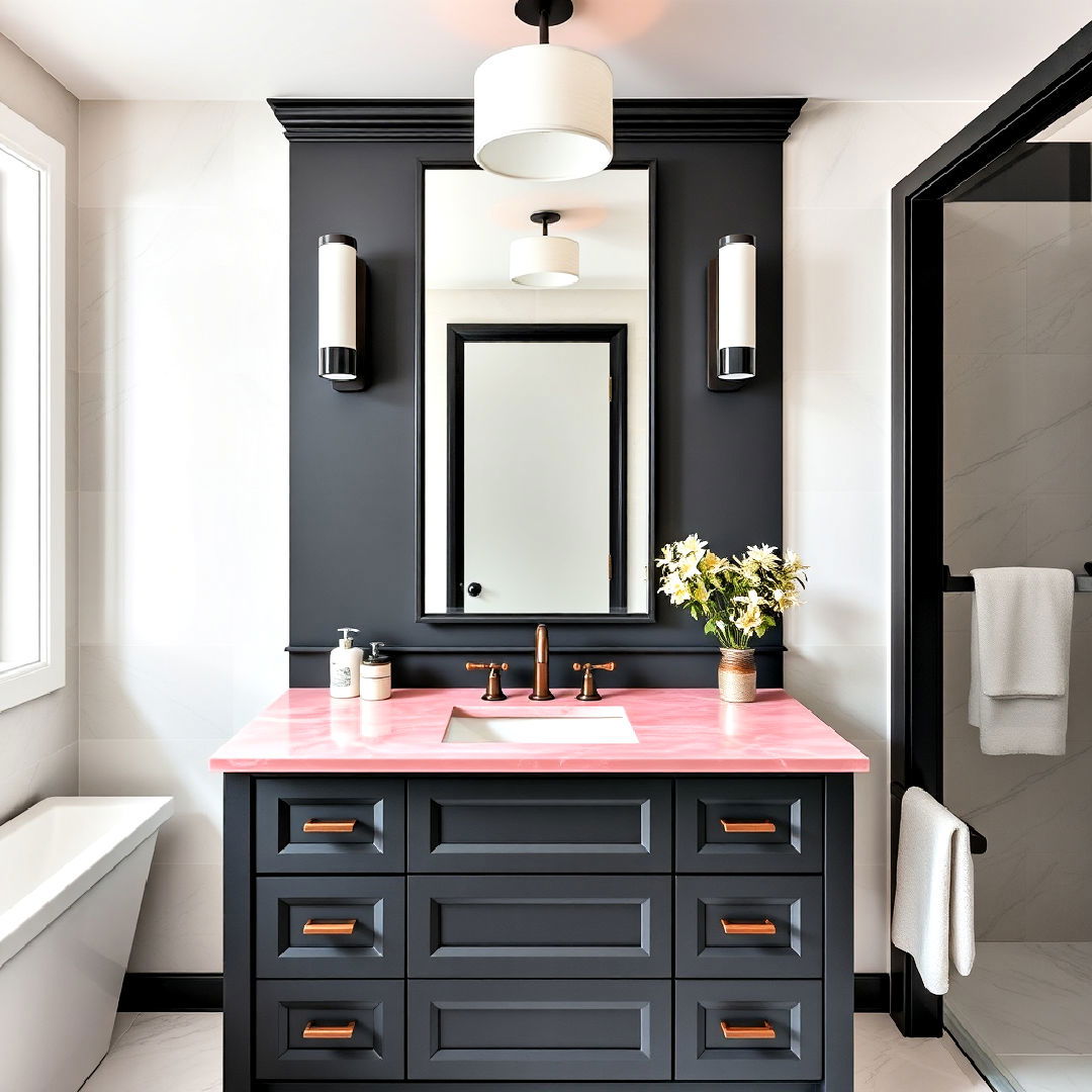 black bathroom vanity with pink countertop