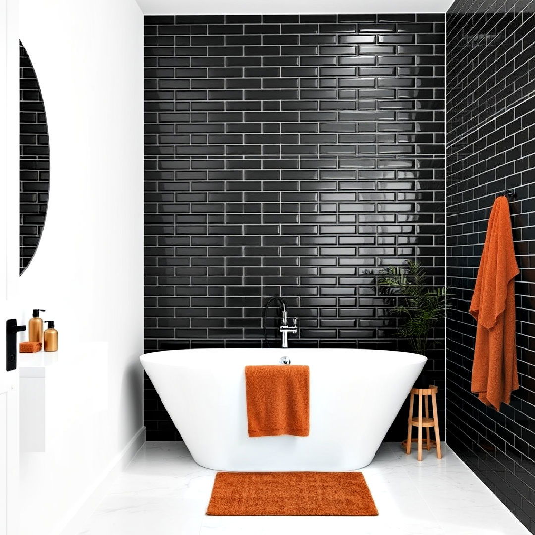 black bathroom wall tiles with brown accent