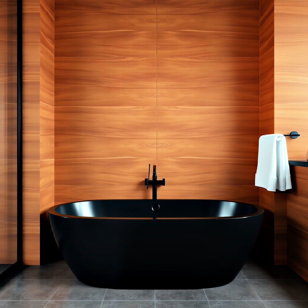 black bathtub with brown wall paneling design