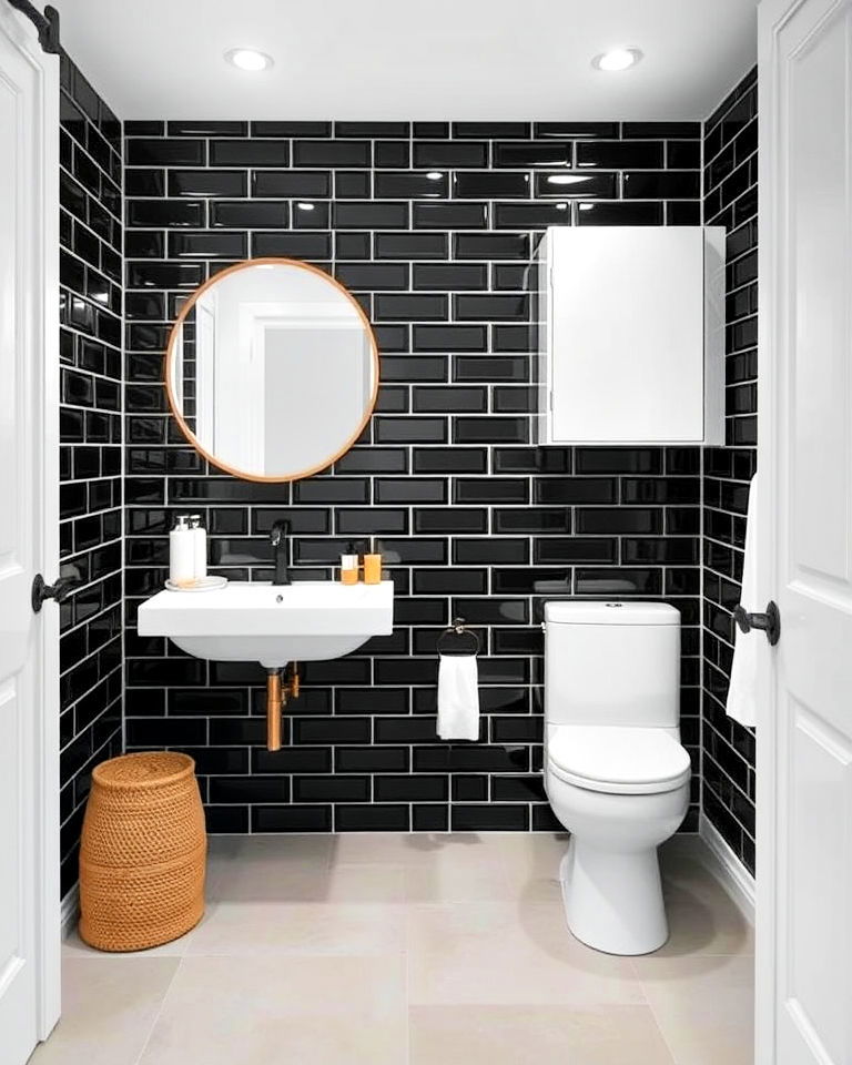 black beveled subway tiled bathroom walls