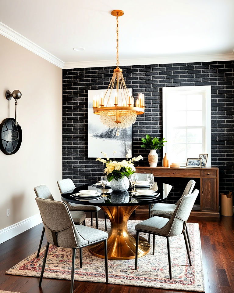 black brick accent wall dining room