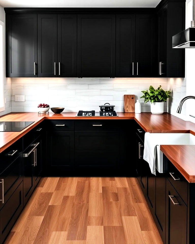 black cabinetry with brown wood countertops