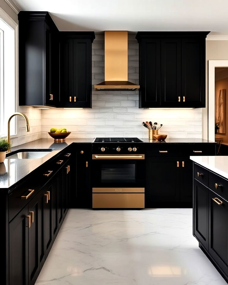 black cabinetry with gold hardware