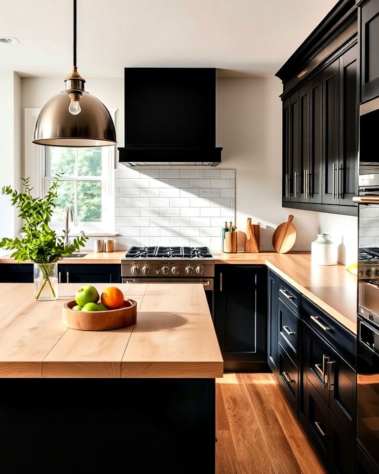 black cabinets with ash wood countertop