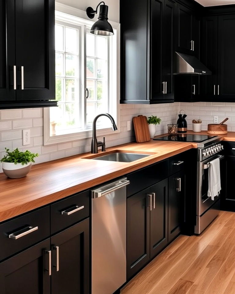black cabinets with beveled wood countertop