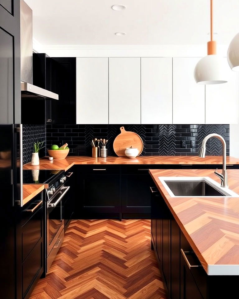 black cabinets with chevron wood countertop