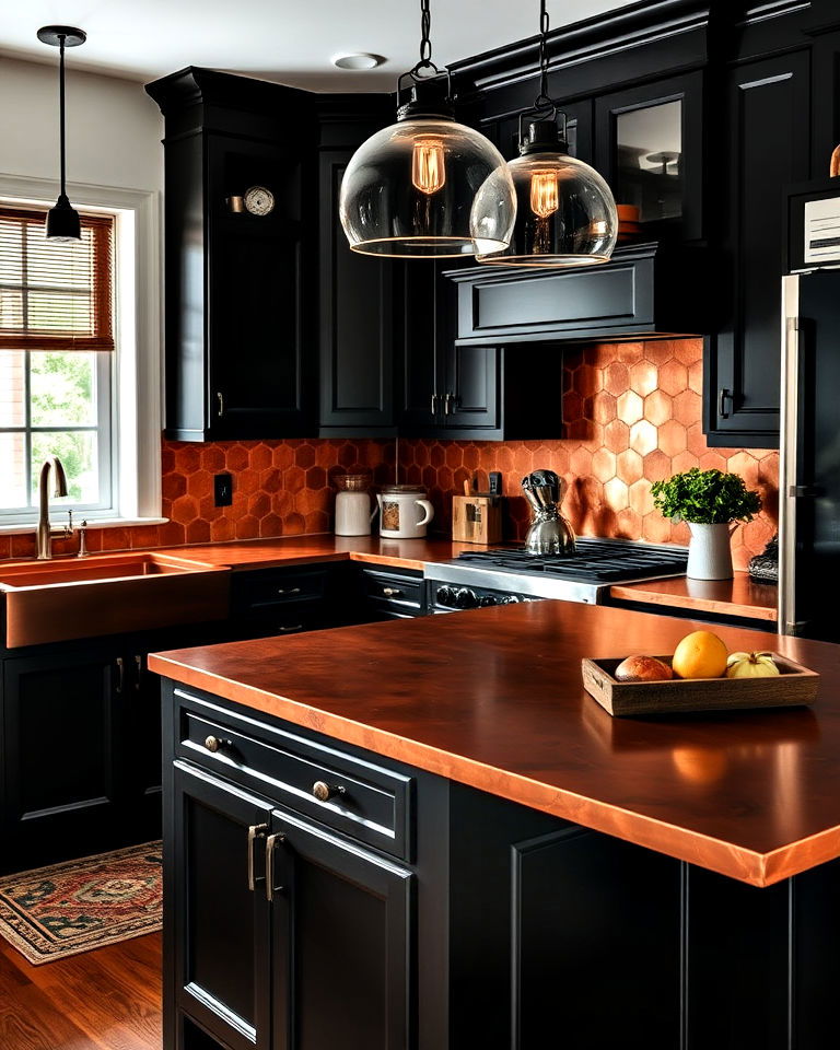 black cabinets with copper countertop