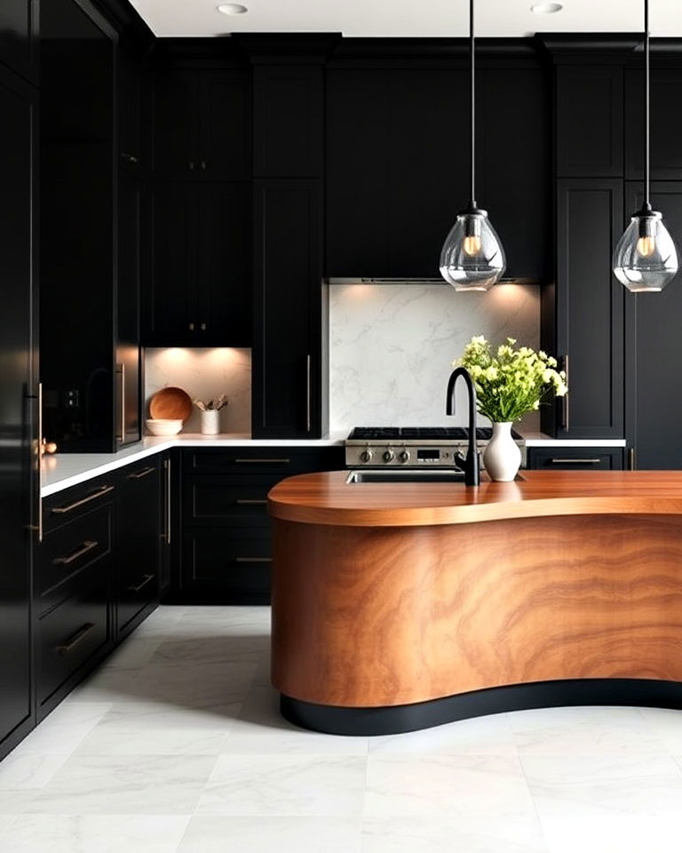 black cabinets with curved wooden countertop