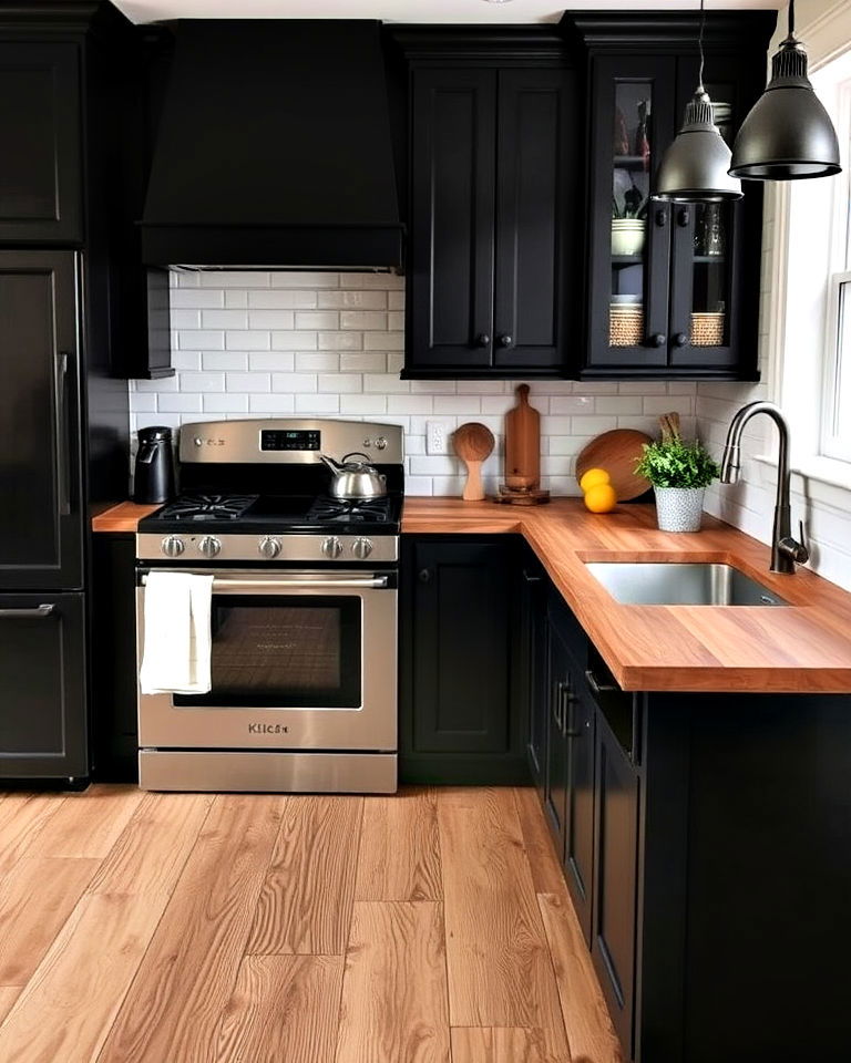 black cabinets with distressed wood countertop
