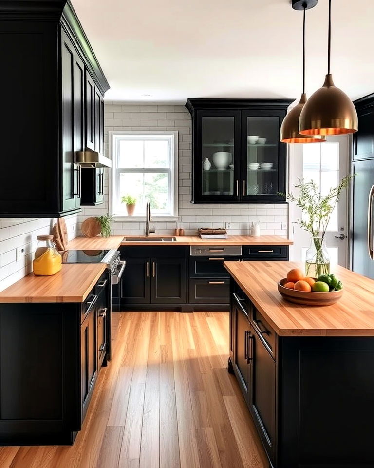 black cabinets with eco friendly bamboo countertop