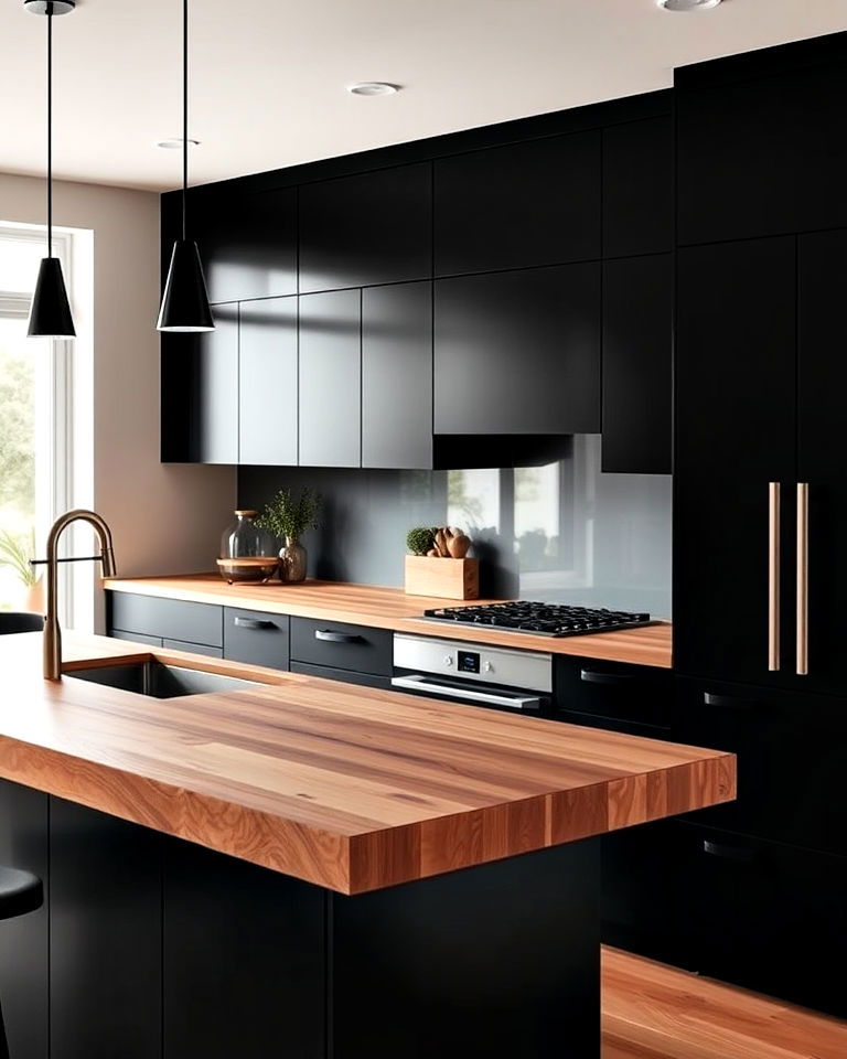 black cabinets with floating wood island countertop
